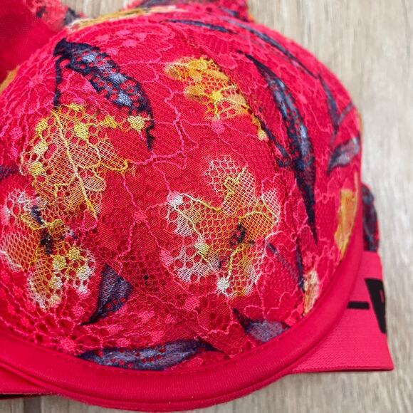 Victoria’s Secret PINK Date Push-Up Bra Floral Lace Underwire Racerback 32C Red - Picture 11 of 11
